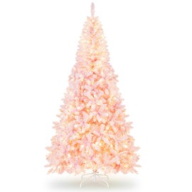 DORTALA Pre-lit Christmas Tree, 7.5FT Snow Flocked Artificial Xmas Tree with 1100 Branch Tips, 450 Warm LED Lights, 8 Lighting Modes, Pink
