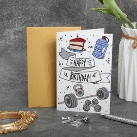 Wasise Gym Birthday Card - Weightlifting Gifts for Women, Fitness Birthday Card Set with "STRONG IS BEAUTIFUL" Keyring, Hobby Cards for Strongman, Sporty Gym Design Cards for Fitness Cossfit Lover