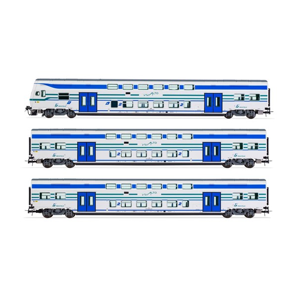 FS Trenitalia, confezione da 3 unità di carrozze Vivalto, 1 con cabina di guida + 2 carrozze intermedie in livrea Vivalto