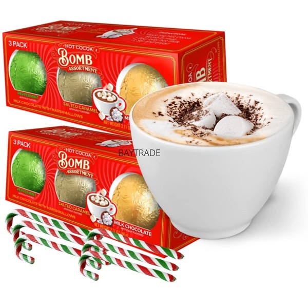 6x Hot chocolate bombs with marshmallow and 6x Peppermint Christmas Candy Canes- Kids Hot Chocolate Gift Set - Hot chocolate station - Xmas Eve Box Fillers for Kids Teens Toddlers Adult Stocking Gifts