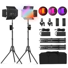 2Pack RGB LED Video Recording Light 12.6in Panel with Barn Door Tripod Stand Kit 20W/ 2500~8500K/ 14 Effect/ 2000lux@0.5m Studio Panel Lighting Kit for Gaming Streaming Zoom YouTube Webex Photography
