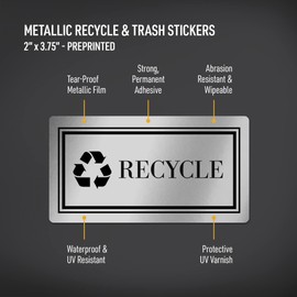 Avery Recycle and Trash Stickers, Metallic Recycle and Trash Signs for Bins, Containers, Trash Cans and Walls, Waterproof, UV Resistant, Preprinted, 2" x 3.75", 8 Total