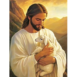 F-CANLAN Round Full Drill Diamond Painting Set, 5D DIY Shepherd Jesus Diamond Art Kits Jesus Diamond Art Painting by Numbers for Adult Beginner Diamond Painting with Gem Room Decor (12X16 inches)