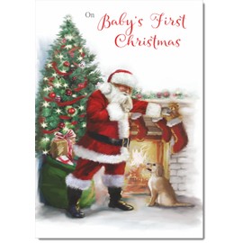 doodlecards Babys 1st First Christmas Card Santa by Christmas Tree Medium Size Christmas Card for Babys 1st with Plain Envelope