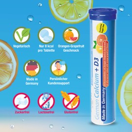 German Calcium + Vitamin D3 Effervescent Tablets Pack of 140 Orange Grapefruit Flavour - 500 mg Calcium, 2.5 μg Vitamin D3 - T&D Pharma - Made in Germany