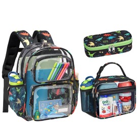 Bagseri 3pcs Clear Backpack for Boys - 15 Inch Backpack and Clear Lunch Bag and Pencil Case Set, Heavy Duty Transparent Bookbag for School, See Through Bag for Kids Aged 3 to 8, Black Dinosaur
