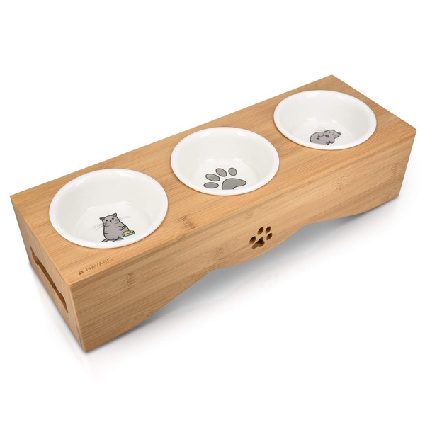 Navaris Cat Bowls with Stand - Elevated Triple Feeder for Cats - Ceramic Pet Bowl Dishes 3-Pcs Set with Printed Designs and Raised Bamboo Wood Holder