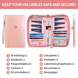 Leather Passport Holder Family, RFID Blocking Passport Wallet, Travel Essentials Premium Wallets, Pink, Travel