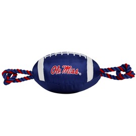 Pets First OLE Miss Football Dog Toy, Tough Quality Nylon Materials, Strong Pull Ropes, Inner Squeaker, Collegiate Team Color