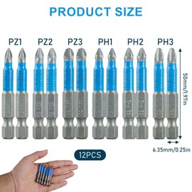 Magnetic Impact Screwdriver Driver Bits Set, 12Pcs Electric Screw Driver Bit 50mm Phillips Non-Slip Head Drill Bits Woodworking Power Tool Accessories - PZ1 PZ2 PZ3 PH1 PH2 PH3