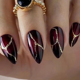Pack of 24 Artificial Nails Almond Medium False Nails French Dark Red Artificial Nails Press On Nails Gold Shiny Acrylic Full Cover Fingernails Nails for Gluing for Women and Girls