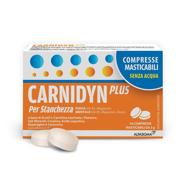 CARNIDYN Plus Food Supplement, 18 Tablets Chewable Without Water 3 g, Citrus Flavour, Supports the Body in Cases of Mental and Physical Fatigue