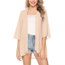 Irevial Women's Chiffon Kimono Cardigan 3/4 Sleeve Bikini Cover Up Lightweight Beach Open Front Jacket for Summer, cream