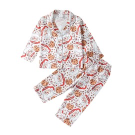 Kayotuas Kids Christmas Pajamas Girls Gingerbread Elf Candy Cane Button Down Shirt & Pants Cute Toddler Pajama Set Sleepwear (White Santa Claus Cookie, 5-6 Years)