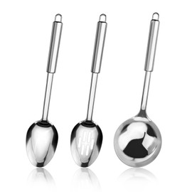 Yitexin 3 Pieces Stainless Steel Cooking Spoon, Slotted and Soup Ladle, Reusable Large Sliver Serving Spoon, Heat Resistant Kitchen Utensil with Handle for Home Restaurant(3, Sliver)