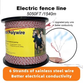 YSWOWSY Upgraded Electric Fence Polywire,Fence Rope 6 Stainless Steel Strands for Reliable Conductivity and Rust Resistance UV Rust Resistant, 5050 Feet/1540 Meters,Red and White Color