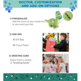 DolliBu Green Dinosaur Doctor Plush Toy - Super Soft Dinosaur Doctor Stuffed Animal Dress Up with Cute Scrub Uniform and Cap Outfit - Gift with Personalization - 10 Inches