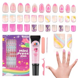 EBANKU 130 Pcs Press on Nails for Girls, Short Old Cute Mermaid Heart Fake Nails for Kids 8-12 Years Stick On False Nails Kit with Jelly Nail Adhesives & Builder Glue, Full Cover Nails Tip for Child