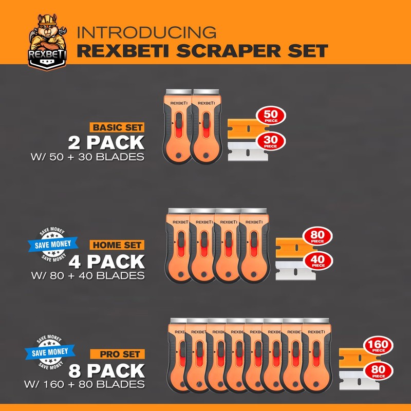 REXBETI Razor Blade Scraper Tool, 2 Pack Razor Scraper Set