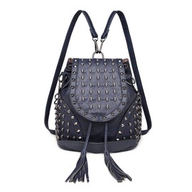 Faux Leather Studded Embossed Skull Chain Backpack Shoulder Bag (Navy)