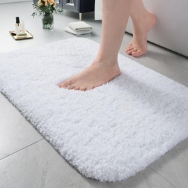 LOCHAS Bathroom Rug 24x17 Inch, Soft Thick Absorbent Microfiber Bath Rugs for Bathroom, Machine Washable, Shaggy Plush Non Slip Bath Mat for Tub, Shower Floor, Quick Dry Mats, White