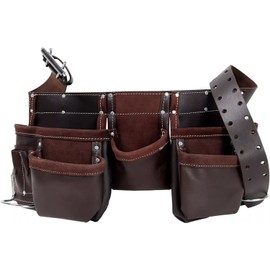 12-Pocket Oil-Tanned Leather Tool Belt Pouch – Heavy Duty Work Bag for Construction, Electricians, Carpenters, Trades