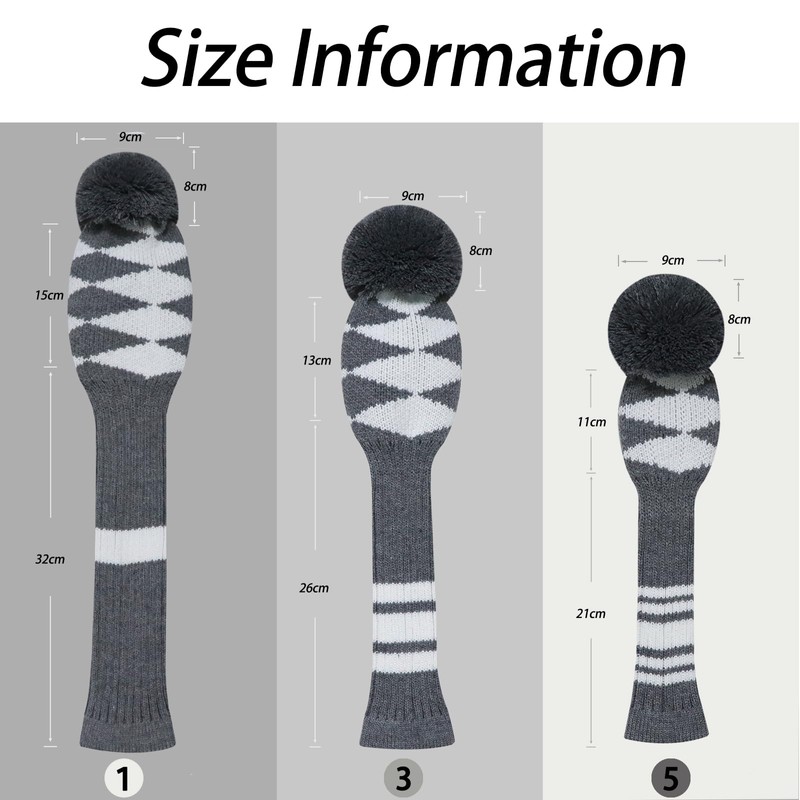 LeFeng ゴルフクラブカバー ニットゴルフヘッドカバー 460ccドライバーフェアウェイウッドとハイブリッド用 かわいいポンポンと数字タグ付き (グレーホワイト格子縞、フェアウェイ用) 1個