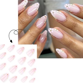 Press on Nails Almond Spring Summer Flowers Design Nude Short French Style Fake Nails Cute Flower False Nail Daily and Wedding Wear Nail Decoration Stick on Nail for Women and Girls 24Pcs