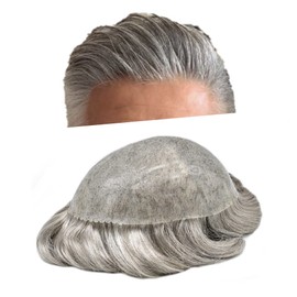 Hair Wonders Toupee for Men Real Human Hair Piece Full Poly Thin Skin Men Hair Replacement System Mens Toupee Invisible Poly Coating Man Hairpieces8x10''-120% Density，#580 MEDIUM LIGHT BROWN+80% GREY