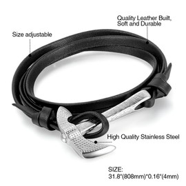 Cupimatch Men's Women's Retro Leather Bracelet Cuff Wrap Bracelet Bangle with Axe Hatchet Pendant, Adjustable Sizes, Leather Stainless Steel, Black, Leather Stainless Steel