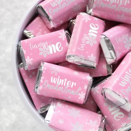 DISTINCTIVS Pink Onederland Snowflake Winter 1st Birthday Mini Candy Bar Wrappers - 45 Stickers