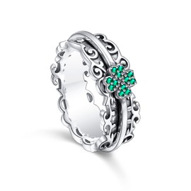 HOOHWE Anxiety Ring Anti-Stress Ring Women's Rings Silver 925 Four Leaf Clover Rings for Women Vintage Chunky Ring with Embossed Four Leaf Clover Gift, Silver