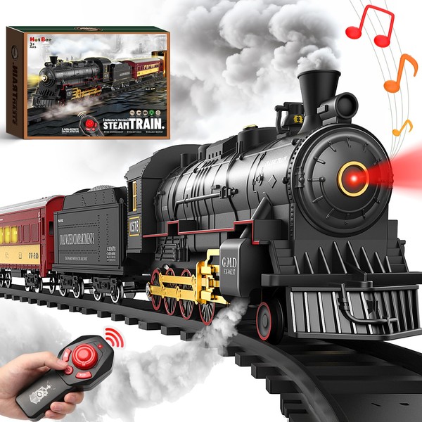 Hot Bee Train Set for Boys,Remote Control Christmas Train Sets w/Steam Locomotive,Light Passenger Cars & Tracks,Trains Toys w/Smoke,Whistle & Lights,Christmas Toys Gifts for 3 4 5 6 7 8+ Year Old Kids