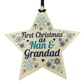 RED OCEAN First Christmas As Nan Grandad Wooden Star Christmas Tree Bauble Decoration New Baby Grandparent Gifts
