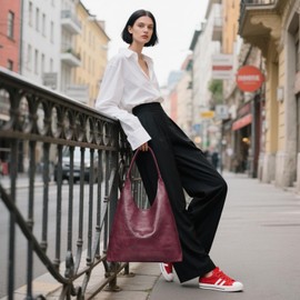 Hobo Bags for Women Retro Vegan Leather Womens Slouchy Large Tote Bag Shoulder Purses Handbag, burgundy