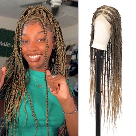 Lexqui 36" 360° HD Full Lace Braided Wigs Butterfly Square Knotless Braided Wigs for Women Ombre Honey Blonde Human Hair Blended Transparent Box Braid Wig with Baby Hair Braided Lace Front Wig