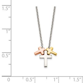 Solid 925 Sterling Silver Rose and Gold-tone 3-Cross 2in Extension Pendant Necklace Charm Chain 16" (Width = 0mm)