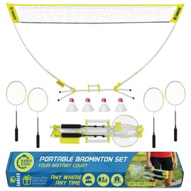 Complete Portable Badminton Set - Quick & Easy Setup - 4 Rackets 2 Birdies Shuttlecock, 1 Net & Badmington Pole Frame for Backyard Park & Beach Games, Indoor Outdoor Sports Equipment for Family Fun