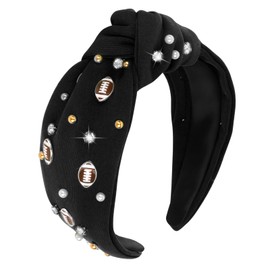 YARIEW Football Headband for Women Pearl Rhinestone Jeweled Knotted Headband Top Knot Headband for Women Football Accessories Sports Fan Mom Gifts (Black)…