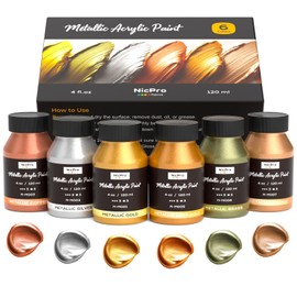 Nicpro Acrylic Paint Metallic, 6 Colors Gold, Silver, Copper, Brass, Bronze, DeepGold, 24oz/720ml Gold Leaf Paint, Non Toxic, Non Fading for Art Painting, Handcrafts, Ideal for Multi-surface, Canvas, Wood, Clay, Metal