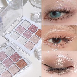 Glitter Eye Shadow Palette for Women - Highly Pigmented Make-Up Pallet with Shimmer Shades of White and Pink. Equipped with a Makeup Brush, Suitable for Girls' Travel Size