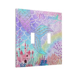 Silvery Glitter Cute Mermaid Tail Fantasy Castle Double Toggle Light Switch Covers 2 Gang Wall Plate Dual Decorative Switchplate Electrical Faceplate for Kidroom Nursery Bedroom Kitchen Decor