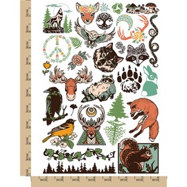 Forest Animals Flora Fauna Plants Temporary Tattoo Water Resistant Fake Body Art Set Collection - Color (One Sheet)