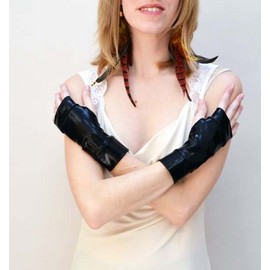 Handmade Womens Short Black Shiny Fingerless Gloves Wet Look Wrist Cuffs Hand Warmers Psy