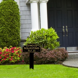 No Soliciting Sign for House with Stake 7 x 3.5 Inch Waterproof Resistant with 11.8 Inch High Stake Adjustable Height No Soliciting Signs for Home Front Door Outdoor Yard, Gold