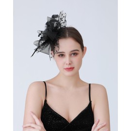 Black Kentucky Derby Fascinators Hats for Women, Tea Party Headwear Mesh Flower Feather Headband & Hair Clip for Wedding Cocktail