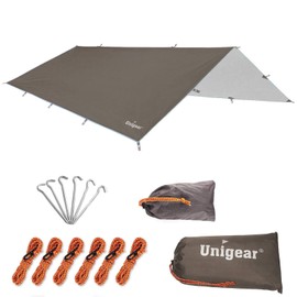 Unigear Tarpaulin, Tarp for Hammock Waterproof with Eyelets, 6 Pegs, 6 Ropes Rain Cover Sun Protection for Ourdoor Camping Multi Way, brown