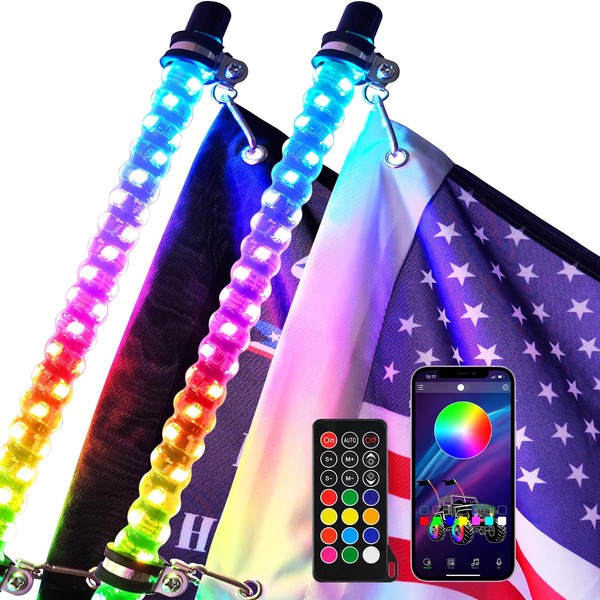 Omotor 2pcs 3ft LED Whip Lights with Bluetooth and Remote Control Spiral RGB Chase Light Offroad 360°Spiraling Rising Dream Wrapped Dancing Whips
