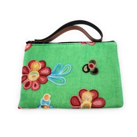 Ayuni Gifts of the World Beautifully Embroidered Thai Cotton Pouch, Change Purse, Makeup Bag or Wristlet Colorful Floral Patterns (Bright Green, Wristlet)