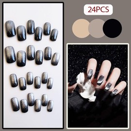 WAFOLOZE Long Press on Nails Square Fake Nails Glossy False Nails with Black Spar Cat Eye Press ons Designs Acrylic Nails Press on Artificial Nails Stick on Nails for Women 24Pcs